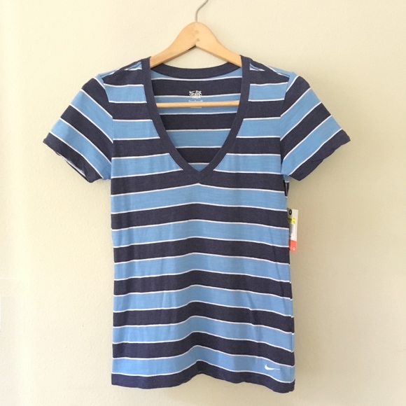 Nike Women's V-Neck Blue Stripe Cotton Shirt Small - Picture 2 of 4